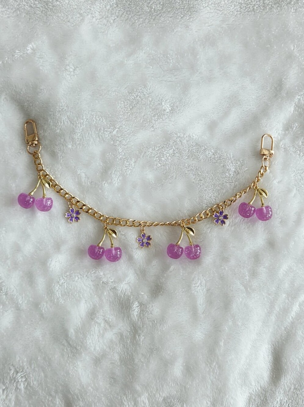 Beautiful Gold Purse Chain with Pink Cherry Charms Bling Bag Chain